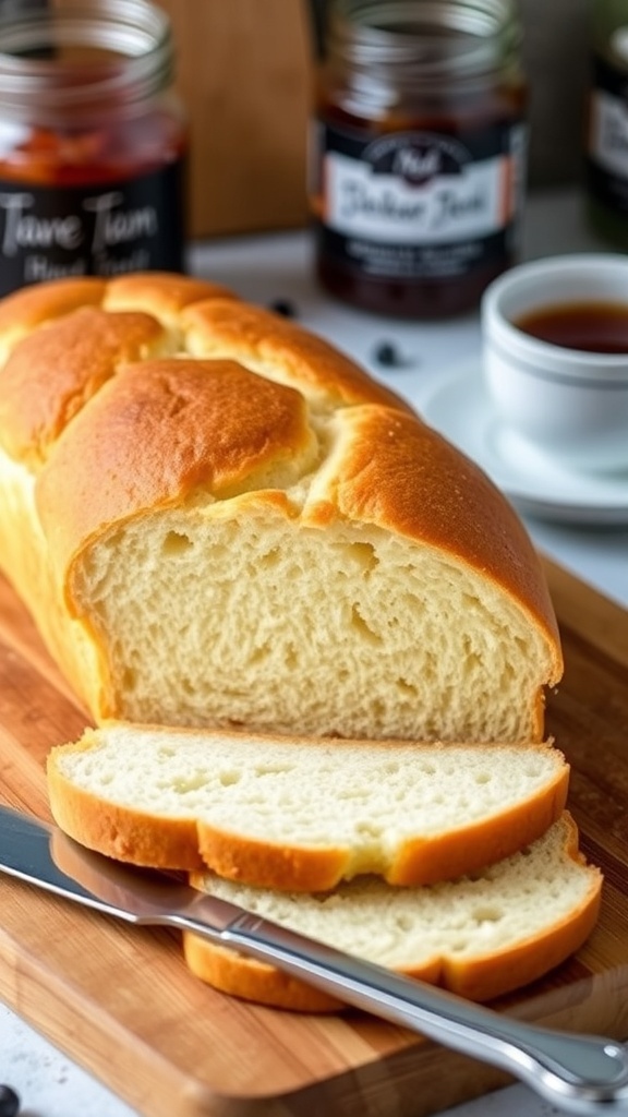 No-Knead Sandwich Bread Recipe A loaf of no-knead sandwich bread, sliced to show soft texture, on a wooden board with jam and tea.
